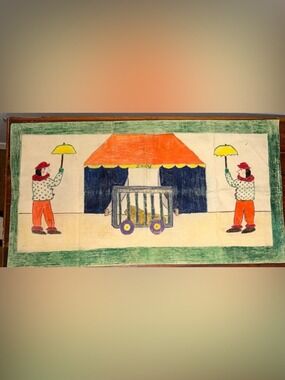 Vintage Handmade Painted Circus Doily Tablecloth